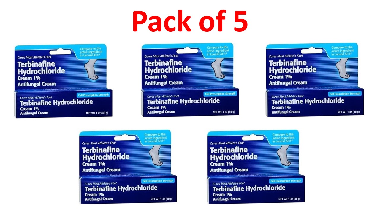 Terbinafine 1 Percent (1%) Cream 30 g (1 oz) --- Generic for Lamisil AT --- Pack of 5 --- Taro Pharma 1 51672-2080-02-terbinafine-1-percent-antifungal-cream-1-oz-30-grams-lamisil-at-generic-05