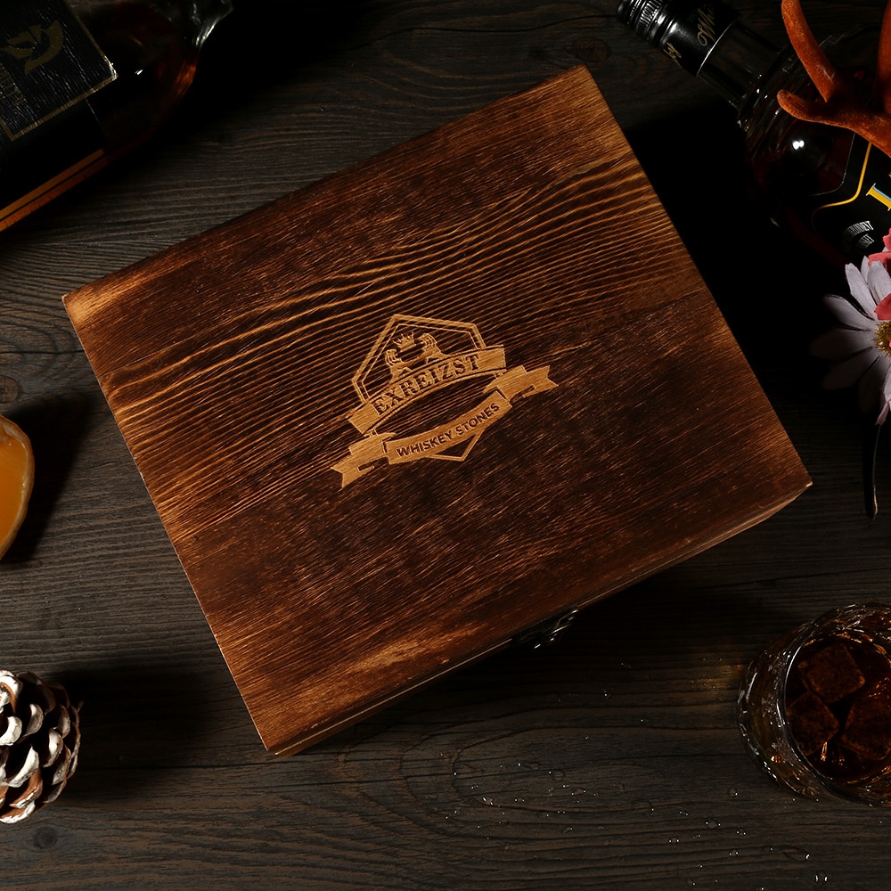 Whiskey Chilling Rocks in Wooden Box