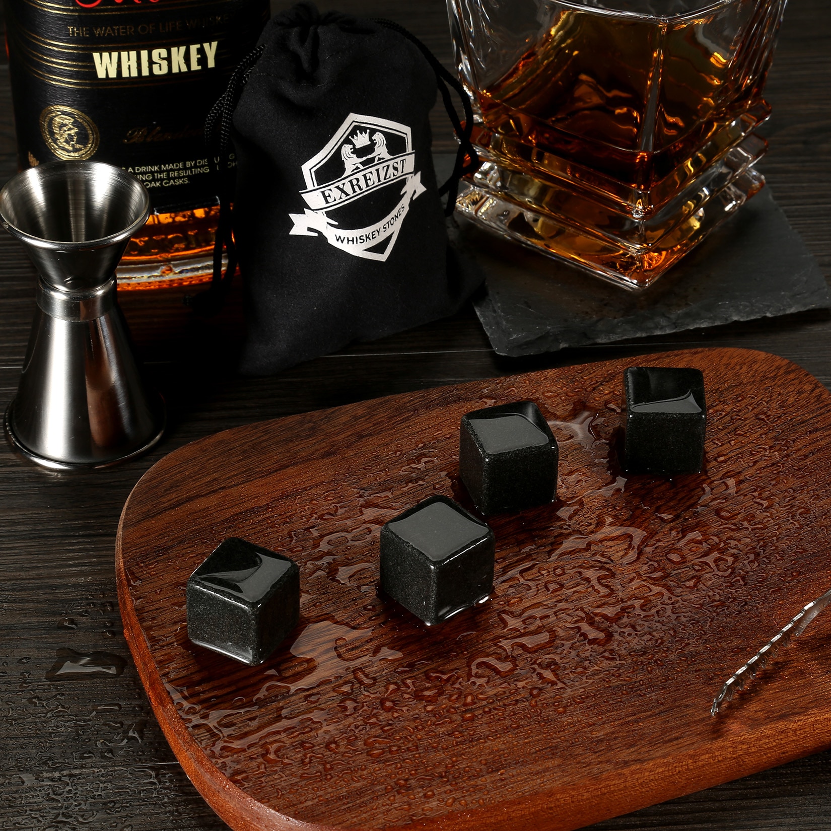 Whiskey Chilling Rocks in Wooden Box