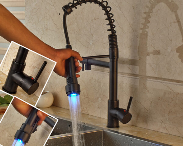 LED Color Changing Bronze Dual Spout Kitchen Faucet Tap