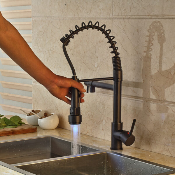 LED Color Changing Bronze Dual Spout Kitchen Faucet Tap - Image 4