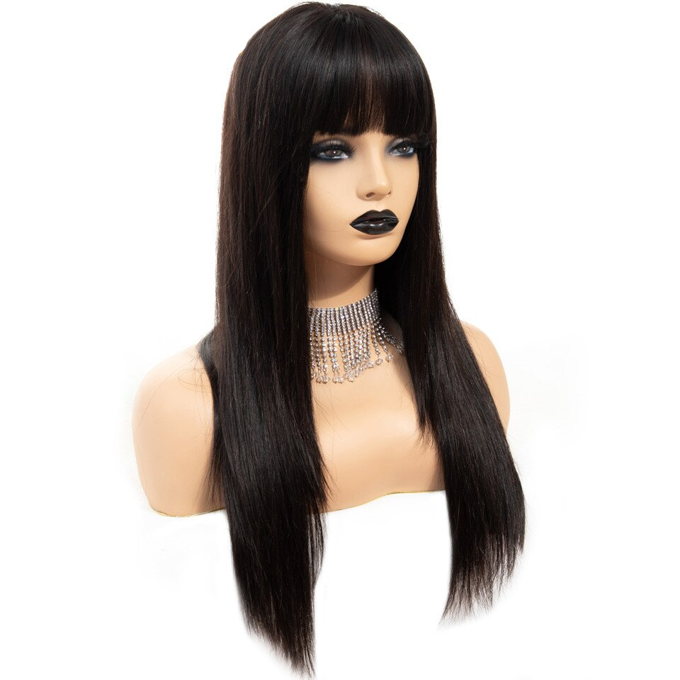 Black Long Straight Bangs Virgin Human Hair Wig