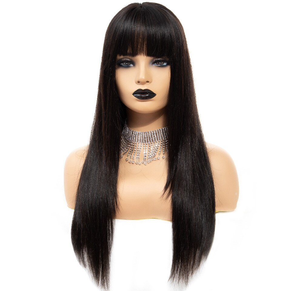 Black Long Straight Bangs Virgin Human Hair Wig