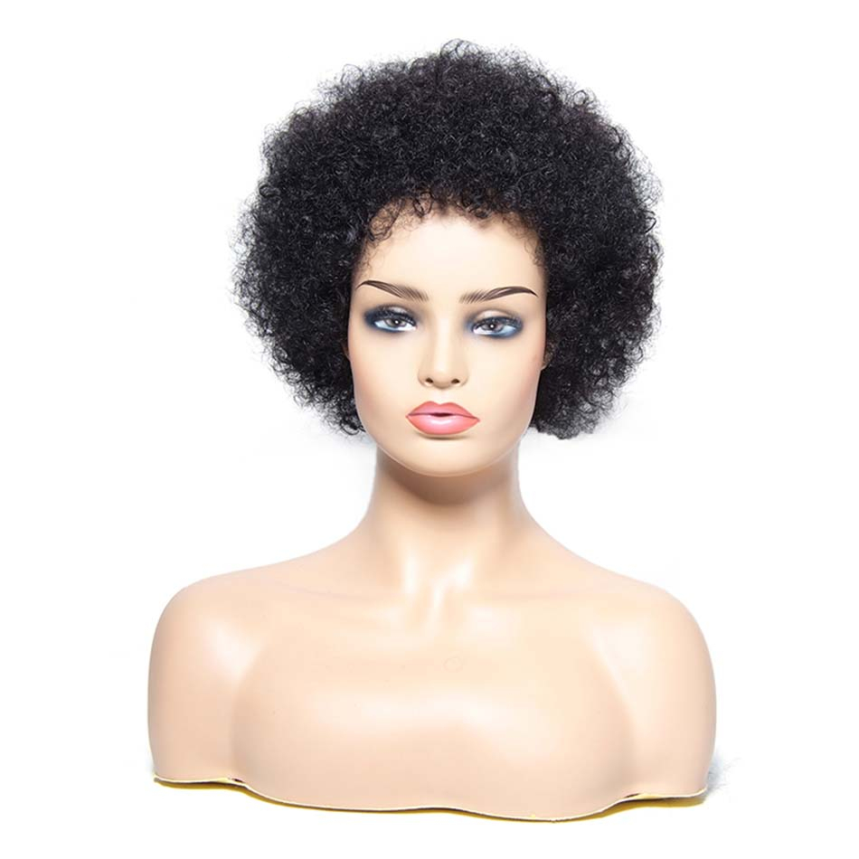 Natural Black Short Kinky Curly Remy Human Hair Wig