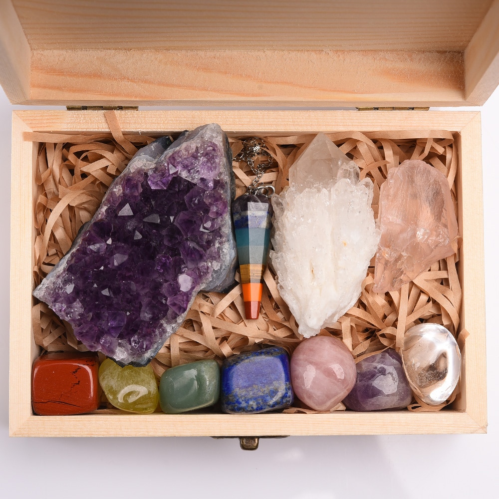 Natural Healing Stones with Wooden Box