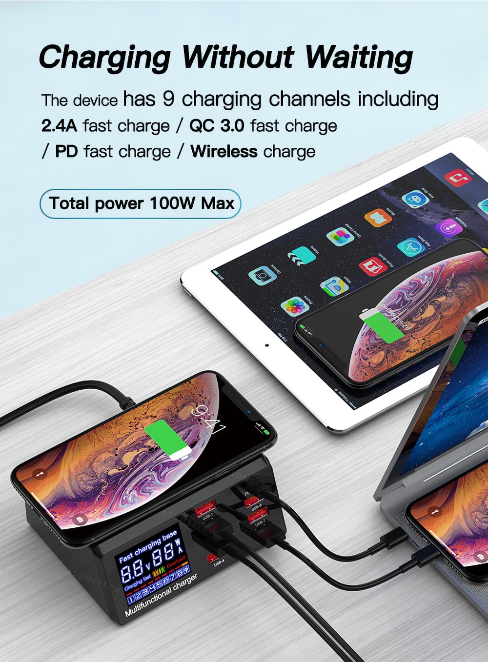 8 USB Ports and Wireless Charge Charging Station AU EU US UK Plug