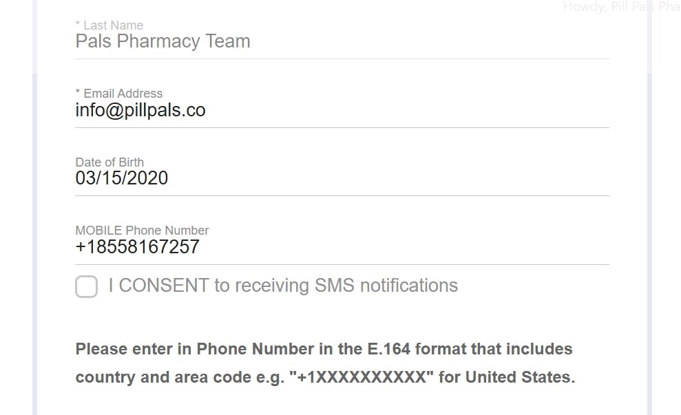 how to enter in a phone number on pill pals