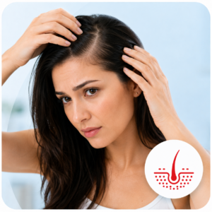 Smiling woman touching her hair, symbolizing hair health and care.