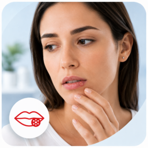 Close-up of lips with cold sores and a hand applying topical cream