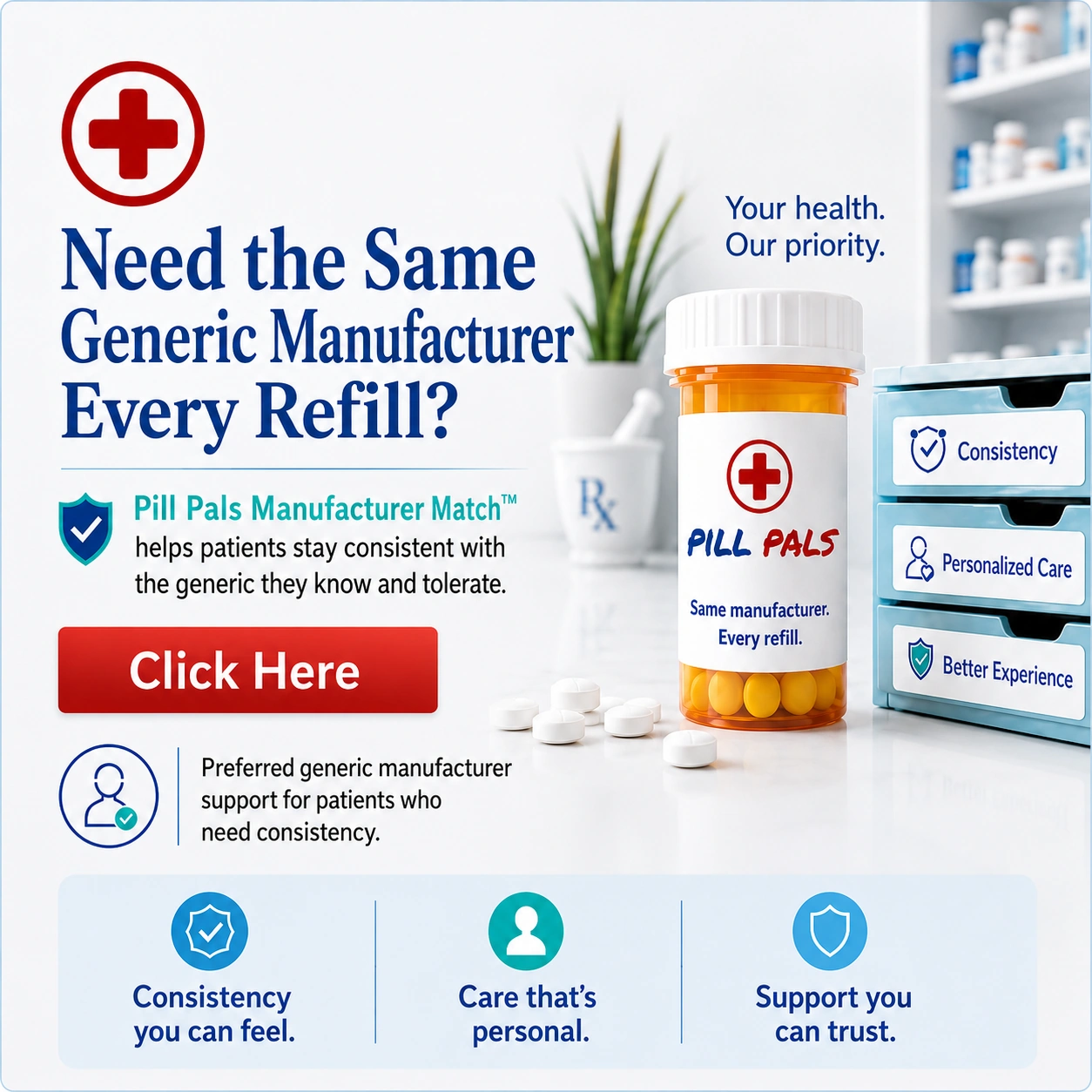 manufacturer-match-image-1-to-1-square-webp pill pals manufacturer match program banner. Get the same pills each time you refill.