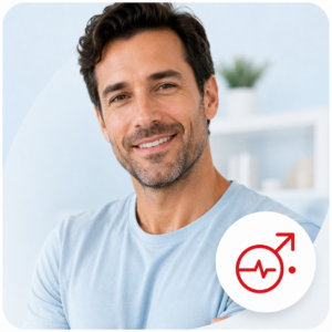 Two men smiling and talking outdoors, promoting men's health and wellness.