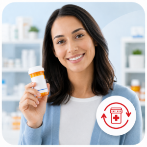 Pharmacist assisting a patient with prescription refill at a pharmacy counter.
